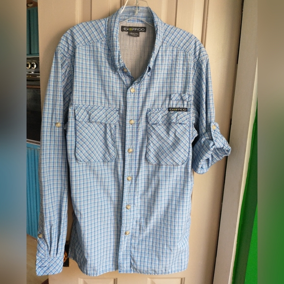 Men's Exfficio Vented Blue Plaid Long Sleeve Shirt  Size Large - Picture 1 of 8